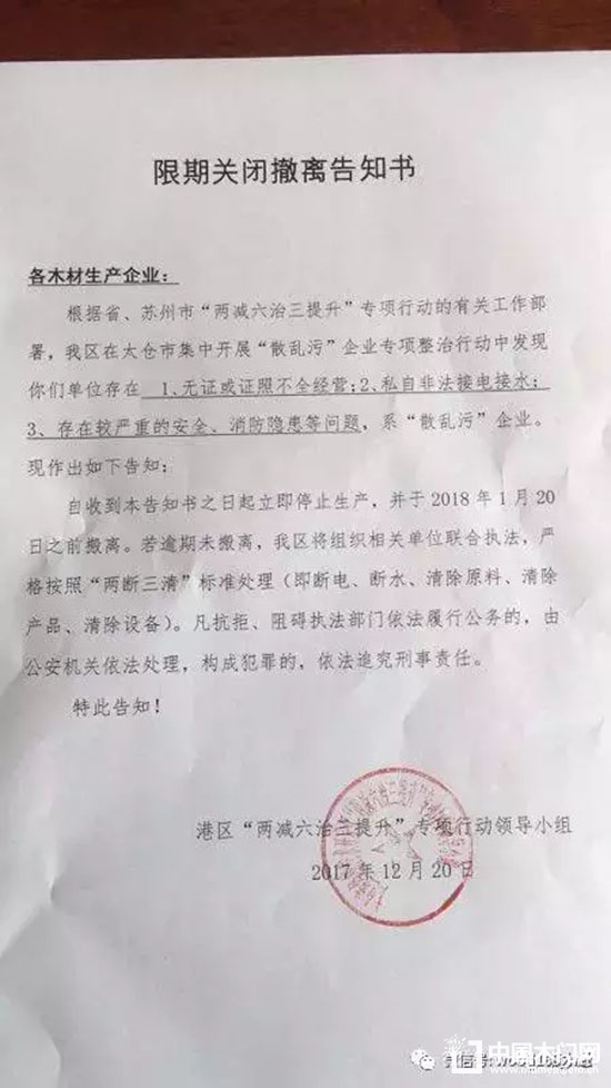 木材企业限期关闭撤离告知书